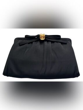 Black Satin Evening Clutch with Gold Bow Accent